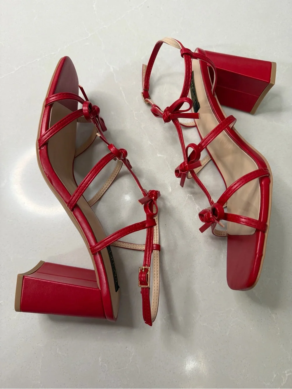 RACHEL Rachel Roy Cologne Bow Block Heel Sandals Red Defect on Heel, Size 9